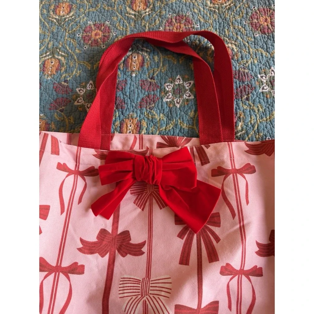 2 Pink Red Bow Print Tote Bag Canvas Large Shoulder Bag Preppy Coquette‎